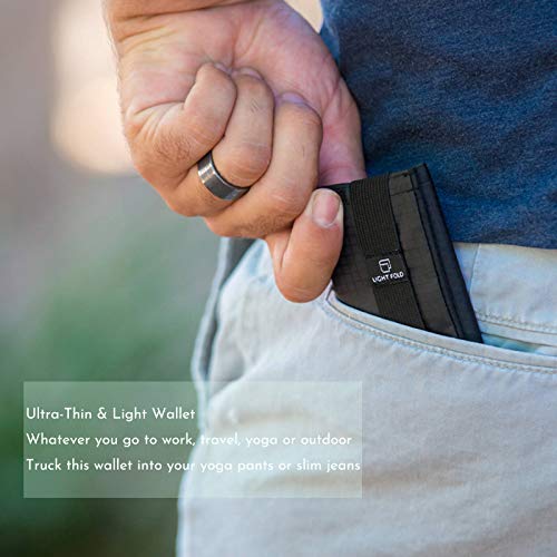 LIGHT FOLD Ultra Slim Tri-Fold Wallet with RFID Blocking, Lightweight Minimalist Men’s Wallet with Elastic Band, Waterproof Durable Nylon Fabric, Slim Front Pocket Card Holder Fits 12 Cards & Cash - color: Grey
