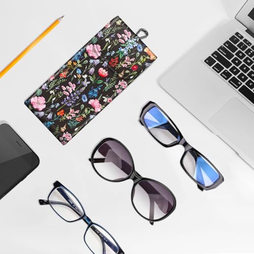 FINTIE Double Glasses Case with Carabiner Hook, Portable Vegan Leather Eyeglass Case Anti-scratch Sunglasses Pouch - color: Black Floral