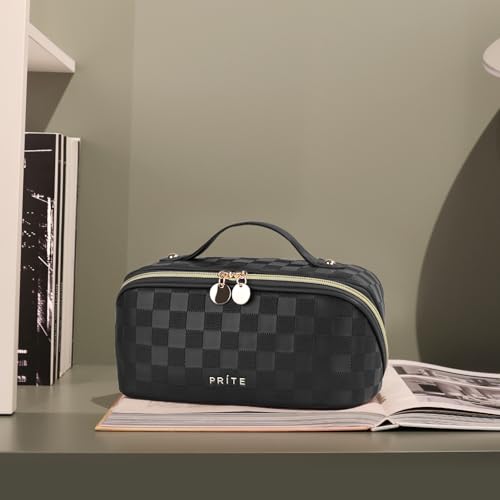 Prite Makeup Bag for Women Travel Waterproof Vegan Leather Cosmetic Bag Open Flat Toiletry Bag With Clear Divider and Handle (Plaid Black, Medium) - color: Plaid Black, size: Medium