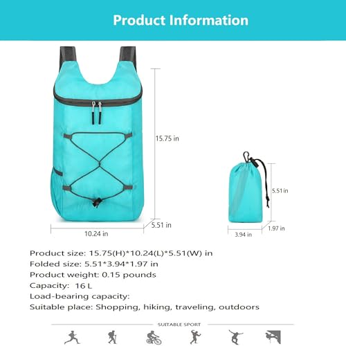 levayhill 16L Foldable Hiking Backpack,Small Packable Daypack,Lake Blue | Lightweight ,Outdoor Collapsible Rucksack,Ultralight Folding Back Pack, Water Repellent, Men Women Travel Gym, Easy Carry-on - color: Lake Blue