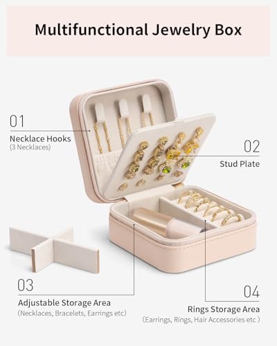 VLANDO Travel Jewelry Case, Small Travel Jewelry Organizer Box for Girls Women - Nude Pink - color: Nude Pink