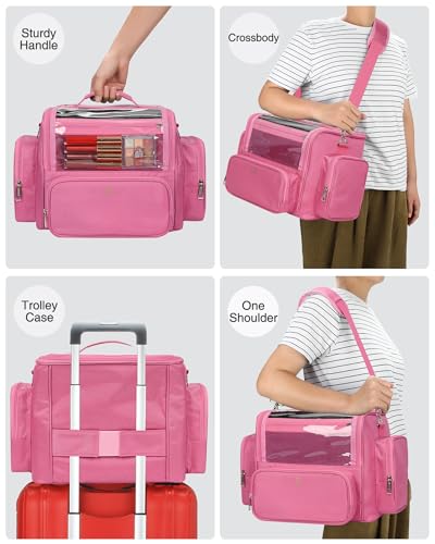NAONAYA Pink Makeup Brush Bag, Clear Makeup Brush Holder with Lid, Extra Large Capacity Travel Cosmetic Bag Makeup Artist Must Haves,Make Up Organizers and Storage, with Adjustable Dividers - color: Pink