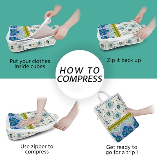 6 Pcs Compression Packing Cubes Waterproof Suitcase Travel Bag Luggage Backpack Organizer Travel Cubes for Packing-Pink and Green Bohemian - color: Green Bohemian