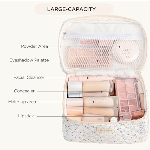 HBselect 2Pcs Travel Makeup Bag, Large Cotton Quilted Makeup Bag Cosmetic Bag Cute Make up Bag Toiletry Bags for Women Girls - color: 2PCS-YELLOWFLOWER