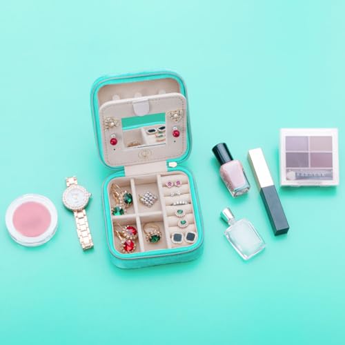 ZPROW Plush Velvet Travel Jewelry Case, Travel Jewelry Organizer, Jewelry Travel Case, Travel Jewelry Box, Small Jewelry Case, Jewelry Travel Box, Earring Organizer with Mirror - CyanBlue - color: Velvet 1 Pack - CyanBlue