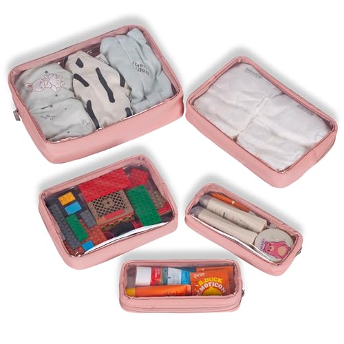 Remobia Hicol TSA Approved 5-Piece Diaper Bag Organizer Pouch Set Clear Waterproof TPU Kids Toiletry Storage Set Travel Packing Clutch Cube Bags for Baby Nursing (Pink Leather) - color: Pink Leather