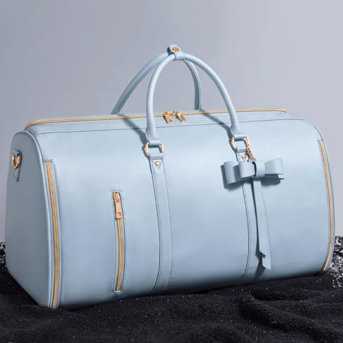 Travel Duffel Bag, Convertible Travel Garment Bag for Women, Fashion & Cute Carry On Duffle Bag w/Shoes Pouch, 2 in 1 Foldable PU Leather Hanging Duffle Bag, Single-Zipper Design, Blue - color: Light Blue