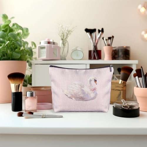 Coquette Pink Bow Swan Makeup Bag, Swan Gifts for Women Cosmetic Bags, Pink and White Striped Preppy Animal Makeup Zipper Pouch - color: Pink Bow Swan