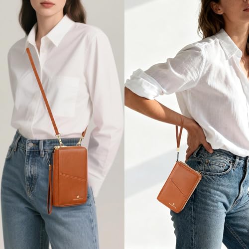 GOIACII Passport Wallet Travel Crossbody Bags for Women Wristlet Phone Purse Double Zip Vegan Leather Brown - color: A01 Brown