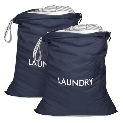 WiseBoy 2 Pack Laundry Bags, Travel Laundry Bag for Dirty Clothes, Washable Nylon Wet Dry Bag, Swimming Yoga Bathing Suit Workout Wet Dry Bags - color: Navy Blue
