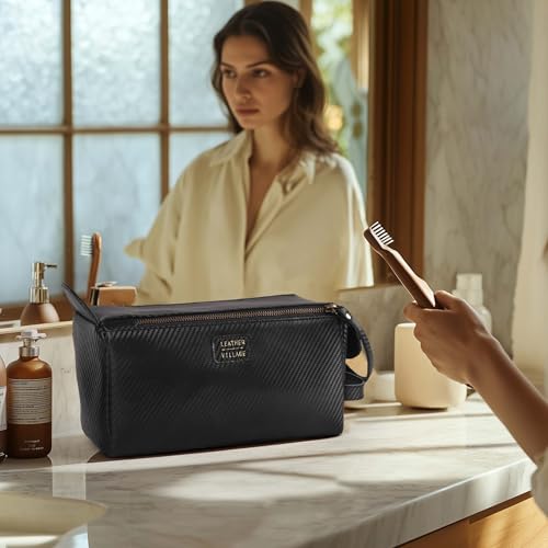 LEATHER VILLAGE Genuine Carbon Fiber Genuine Leather Travel Toiletry Bag - Large Dopp Kit, Water-Resistance Bathroom & Shaving Organizer for Men & Women - Black - color: Carbon Black