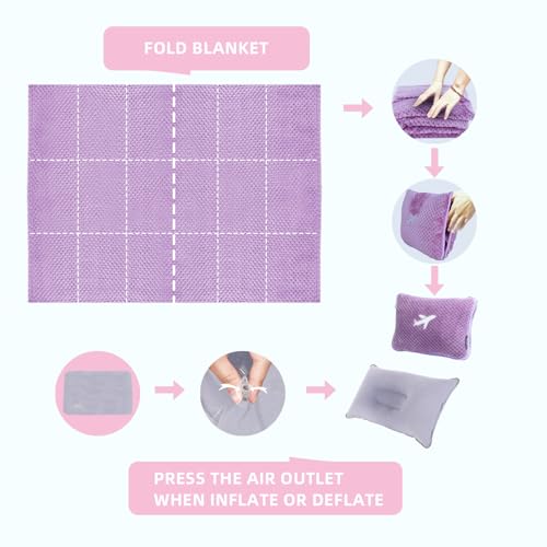 3 in 1 Travel Blanket Pillow Set - 350 GSM Thick Travel Blanket Airplane Compact with Bag, Soft Bag with a Pocket, Inflatable Travel Pillow for Camping & Car Trip (Violet) - color: Violet