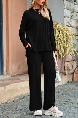 PRETTYGARDEN Women's Two Piece Lounge Sets Matching Long Sleeve Shirts Wide Leg Pants Tracksuits Travel Outfits Fall Clothes - color: Black, size: Small