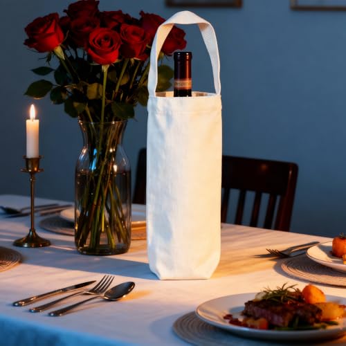 24 Pcs Canvas Wine Bags with Handle, 12 x 7.5 x 5.5 Inch Reusable Washable Wine Carrier Tote Sublimation DIY Blank Bottle Gift Totes Cotton Carrier Wine Bag for Weddings Christmas Birthdays Party