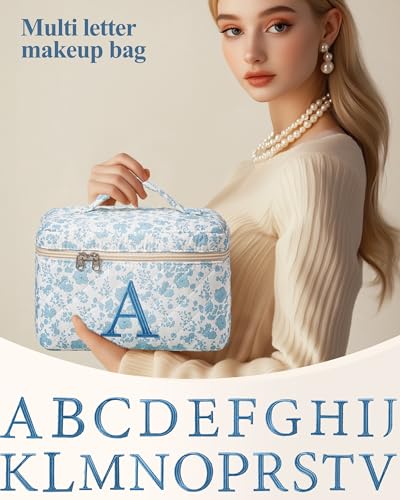 HBselect Initial Quilted Makeup Bag, Cotton Large Travel Makeup Bag, Cute Floral Coquette Make up Bag Cosmetic Bag Toiletry Bag for Women Girls D - color: 1Pc Large Blueflower, style: D