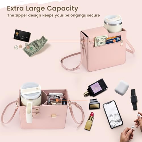Outdoor Portable Crossbody Water Cup Purse Bag Water Bottle Carrier Bag with Phone Pocket Tumbler Carrier with Strap - color: Baby Pink