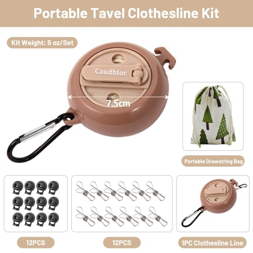 Portable Travel Clothesline Cord, Caudblor Adjustable 33ft Camping Clothes line, Laundry Drying Rope for Hotel Trip, Cruise, Outdoor/Indoor, with 12Pcs Stoppers, Windproof Clothespins - style: Apricot