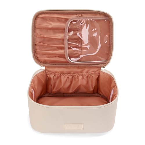Montana West X Wrangler Travel Makeup Bag 2pcs Set Large Cosmetic Bag with Makeup Brush Holder Portable Make Up Organizer Cute Toiletry Bag with Divider and Handle for Women - color: Solid Beige