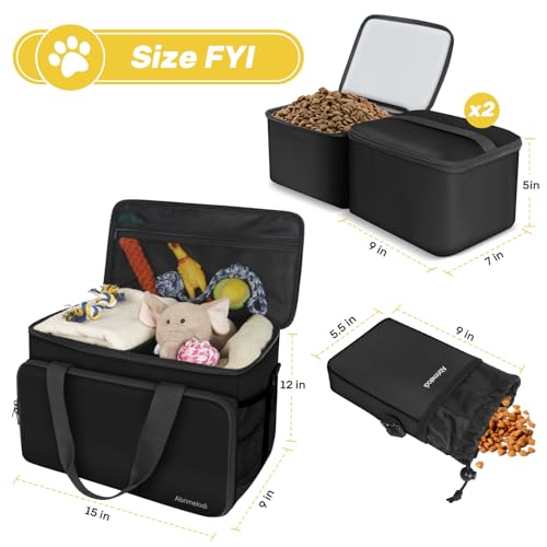 6 Set Dog Travel Bag, Large Pet Travel Kit for Supplies Includes 2 Food Containers, 1 Pet Organizer for Dogs, 2 Collapsible Bowls, 1 Treat Pouch, Dog Weekend Overnight Bag Luggage, Black - color: Black