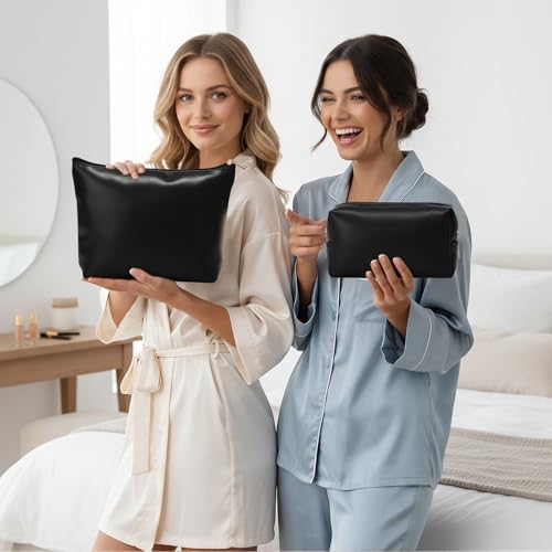 Kigeli 2 Pcs PU Leather Makeup Bag Set for Women Waterproof Aesthetic Cosmetic Bag Large & Small Travel Toiletry Organizer Pouch Skincare Organizer Bridesmaid Mother's Day Birthday Gift(Black) - color: Black