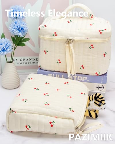 PAZIMIIK Quilted Makeup Bag Large Travel Zipper Soft Cosmetic Case for Women Girls Make Up,Cherry Beige - color: Cherry Beige, size: 1 PCS Bag
