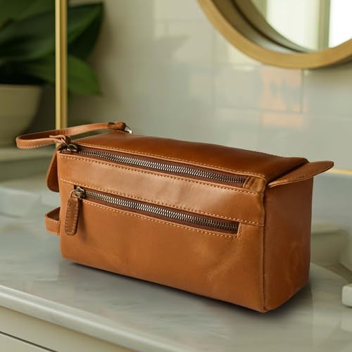 LEATHER VILLAGE Genuine Leather Travel Toiletry Bag - Water-Resistant Dopp Kit for Toiletries, Large Shaving Bag & Bathroom Organizer - Gift for Men & Women - Tan Brown - color: Sun Tan