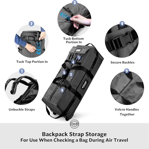 STOVER 45/80/100L Rolling Duffel Bag with Wheels, Large Durable Travel Duffle + Toiletry Bag, Heavy Duty, Packable, Foldable with Shoulder Straps- Use as Luggage or Backpack, Men/Women (Black) - color: Black