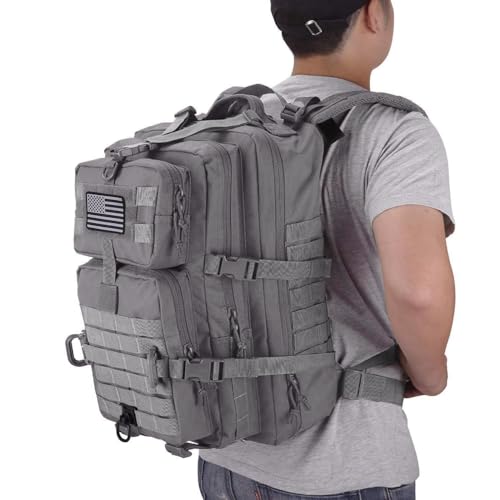 Hannibal Tactical MOLLE Assault Backpack, Tactical Backpack Military Army Camping Rucksack, 3-Day Pack Trip w/USA Flag Patch, D-Rings, Grey - color: Grey