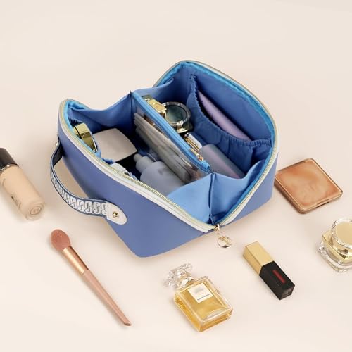 Prite Makeup Bag for Women Travel Waterproof Vegan Leather Cosmetic Bag Open Flat Toiletry Bag With Clear Divider and Handle (Blue, Medium) - color: Blue, size: Medium