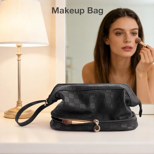 Abiudeng Large Capacity Makeup Bag Ladies Cosmetic Bag Travel Bag with Compartments Portable PU Leather Travel Makeup Bag with Handle - color: Checkerboard-Black