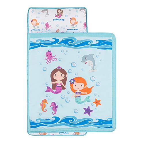 EVERYDAY KIDS Toddler Nap Mat with Removable Pillow -Underwater Mermaids- Carry Handle with Fastening Straps Closure, Rollup Design, Soft Microfiber for Preschool, Daycare Sleeping Bag, Ages 2-6 years - color: Underwater Mermaids