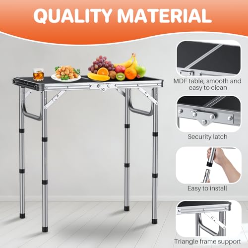 FUNYKICH 2ft Small Folding Camping Table(L22.8'' xW15.7''), 3 Height Adjustable Portable Picnic Table, Lightweight Aluminum Outdoor Tables with Carry Handle for Camping, Picnic, Silver - size: 22.8''x 15.7''x26.4''(Silver)
