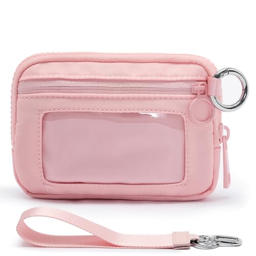 YDF The Iris Wallet for Women Mini Zip Card Case with Clear ID Window Zipper Coin Purse Lightweight Portable Keychain Wallet - color: Pink