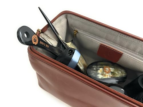 MAN & MANE Premium Leather Toiletry Bag for Men & Women – Classic Dopp Kit Travel Shaving Bag (Cognac Brown)