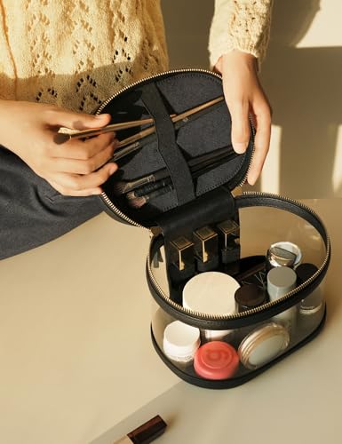 Popvibe Clear Makeup Bag Travel Cosmetic Case Transparent Toiletry Bag with Zipper, Portable Make Up Organizer Traveling Compact Car Bag for Essentials - color: Black, style: Train Case