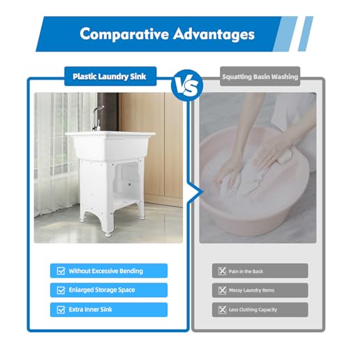 Freestanding Plastic Laundry Sink with Water Faucet, Indoor Outdoor Utility Sink with Washboard, Utility Sink Laundry Tub for Laundry Room/Garage/Garden (25.59x21.65x31.5 Inch) - color: White, 25.6 x 21.7 x 31.5in