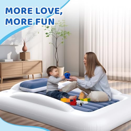 Inflatable Toddler Travel Bed - 60 Inches Portable Toddler Bed for Travel with Safety Sides - Cozy Kids Air Mattress Set with Built-in Electric Pump & Carry Case- Easy to Inflate - Sea Blue - color: Blue