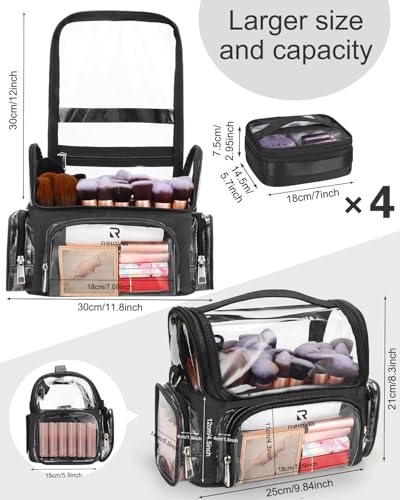 NAONAYA Makeup Brush Bag With 4 Mini Pouches, Makeup Brush Holder Professional Makeup Artist Travel Case Clear Waterproof Cosmetic Organizer Bag, with Adjustable Strap and Dividers - color: clear with 4 mini bags, size: S