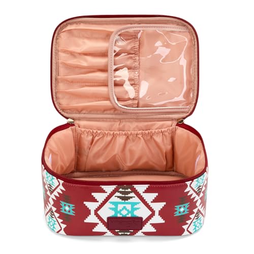 Montana West X Wrangler Travel Makeup Bag 2pcs Set Large Cosmetic Bag with Makeup Brush Holder Portable Make Up Organizer Cute Toiletry Bag with Divider and Handle for Women Aztec - color: Aztec-Red