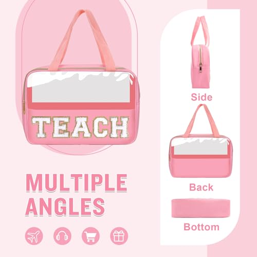 Teacher Appreciation Gifts Chenille Letter Clear Makeup Bag TEACH Pouch, Preppy Waterpoof Makeup Cosmetic Bag with Zipper Graduation Retirement Birthday Teacher Essentials Gifts for Women(TEACH-Pink) - color: TEACH-Pink