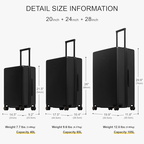 LEVEL8 Luggage Sets 3 Piece, 20 Inch Carry on, 24&28 Checked Hardshell Suitcases Set, Lightweight Luminous Textured Large Luggages with Spinner Wheels Tsa Lock, 3-Piece Set (20/24/28), Black - color: Black, size: 3-Piece Set (20/24/28)