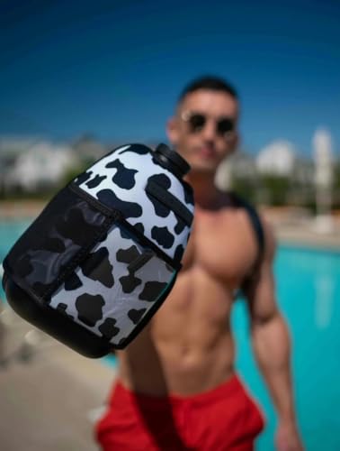 Half-Gallon Fitness Hydration Cover | Neoprene Insulated Cooling & Portable Gym Water Bottle Carrier | CASE with Storage Pockets - color: COW BLACK/WHITE