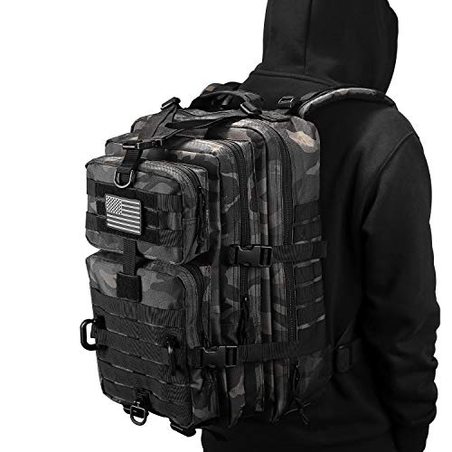 Hannibal Tactical MOLLE Assault Pack, Tactical Backpack Military Army Camping Rucksack, 3-Day Pack Trip w/USA Flag Patch, D-Rings, Black Camo - color: Black Camo