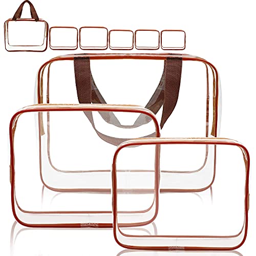 APREUTY Clear Makeup Bags, TSA Approved 6Pcs Cosmetic Makeup Bags Set Clear PVC w/Zipper Handle Portable Travel Luggage Pouch Airport Airline Bags Bathroom (Coffee) - color: Coffee-6PCS(Large+Medium+Small)
