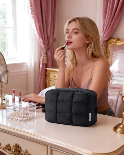 Narwey Puffer Makeup Bag for Women Girl, Quilted Travel Cosmetic Bag Puffy Make Up Bag Organizer, Cute Travel Toiletry Bag for Toiletries (Black) - color: Black