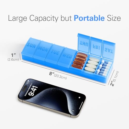 Barhon Large Weekly Pill Organizer, Big Vitamin Organizer Case for 7 Day, Travel Medicine Pill Box to Hold Various Supplements and Fish Oil, Light Blue - color: Light Blue
