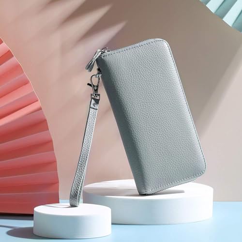 Moflycom Womens Wallet RFID Blocking Genuine Leather Zip Around Wallet Clutch Wristlet Travel Long Purse for Women - color: Sky Blue