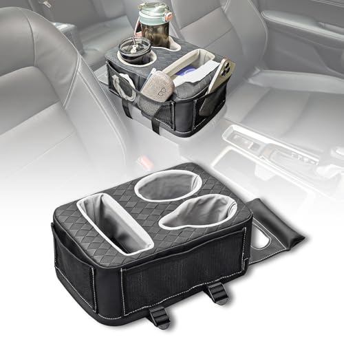 Auto Center Console Cup Holder Organizer, Universal PU Leather Armrest Storage Box with Tissue Holder & Side Pockets, Multi-use for Car Front/Back Seat, Truck, RV, Boat