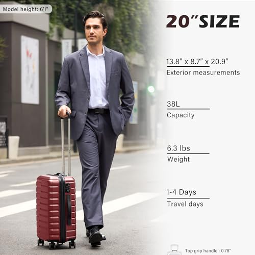 Coolife Carry On Luggage Airline Approved with Spinner Wheels, Hard Shell Suitcase TSA Lock Lightweight Travel Luggage 20-inch,Wine Red - color: wine red, size: Small(20in)