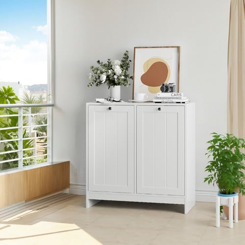 Double Tilt-Out Laundry Hamper Cabinet, Modern Hidden Laundry Hamper with 2 Removable Baskets, Free-Standing Bathroom Storage Cabinet, Anti-tiltdevice, (26.8" Tall White)